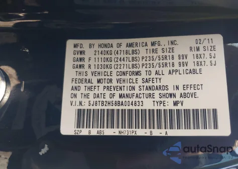 2011 Acura Rdx из США, поврежденный, VIN 5J8TB2H58BA004833